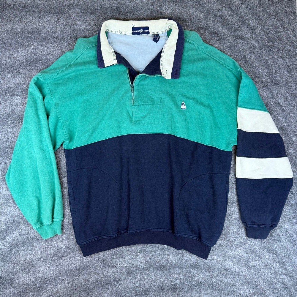Points West Colorblock Quarter Zip Pullover Sweatshirt Men's Size L Vintage Look